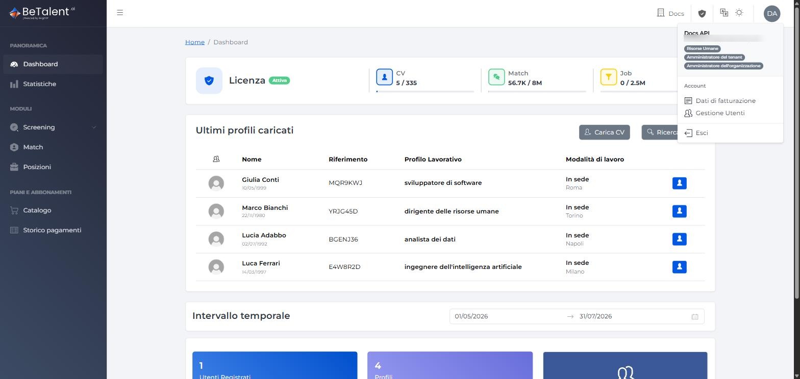 Menu Account con le sue 3 voci