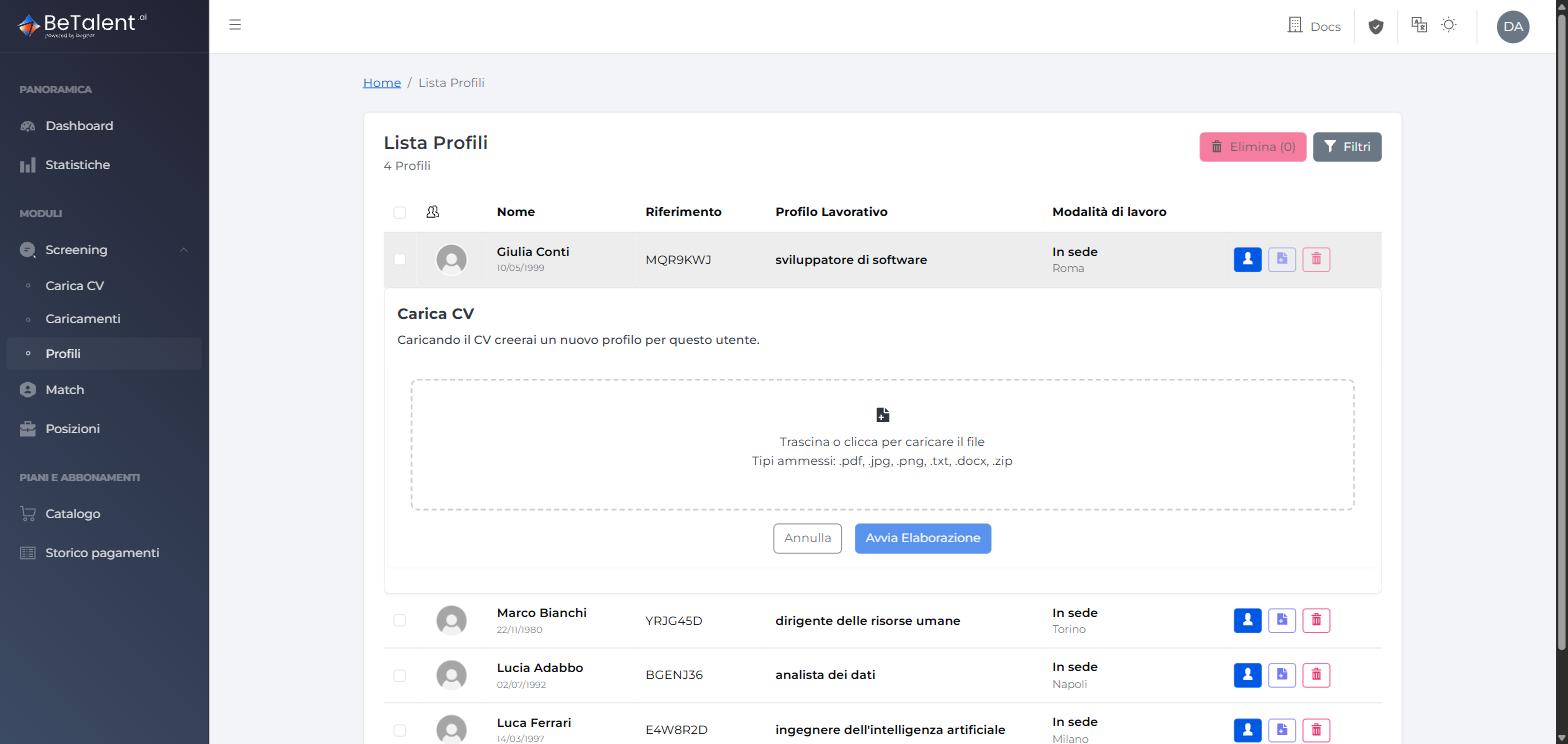 Dropzone inline per aggiornare il CV di un profilo
